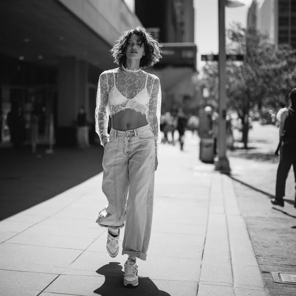 lace top layered over bralette with denim