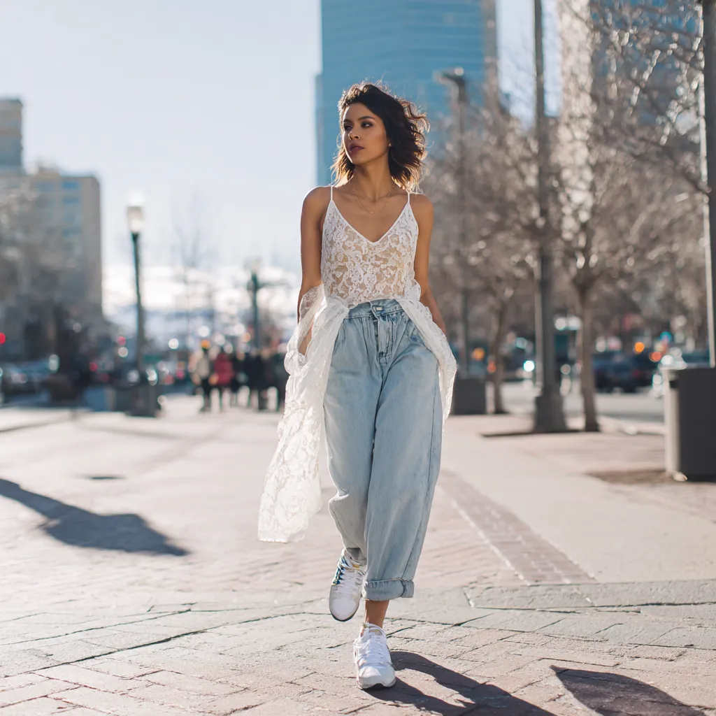 white lace top street outfit spring daytime