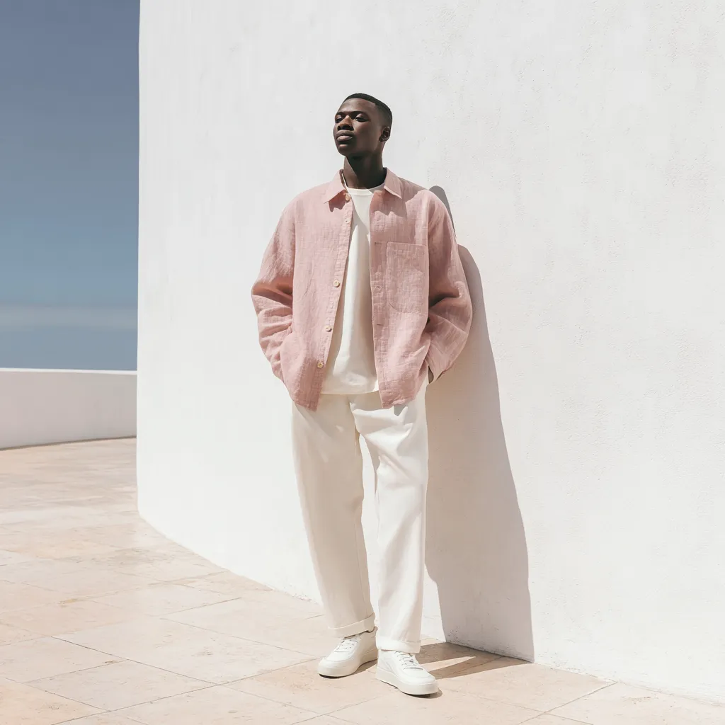 soft sage linen mens outfit minimal sneakers spring fashion