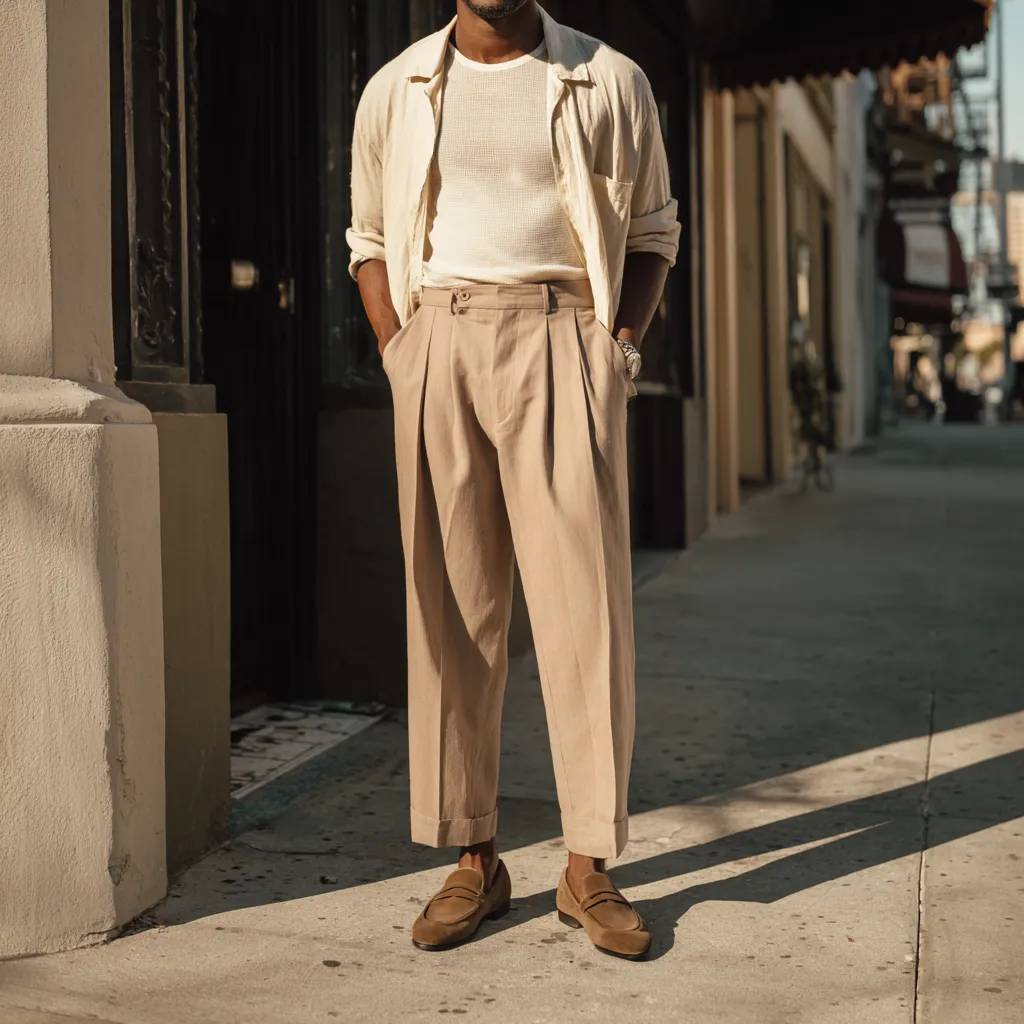 pleated linen pants camp shirt open layered mens look