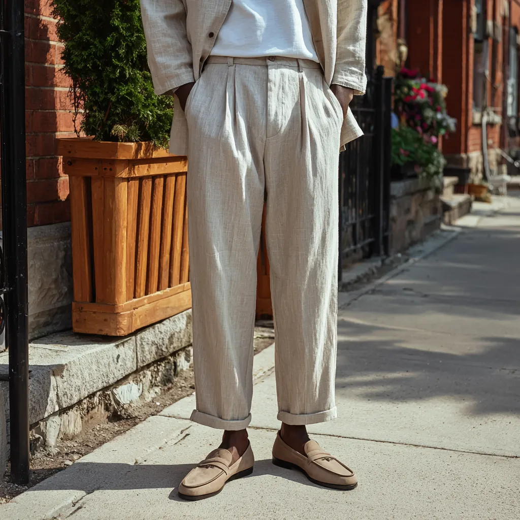 loose linen outfit men earthy tones urban street style