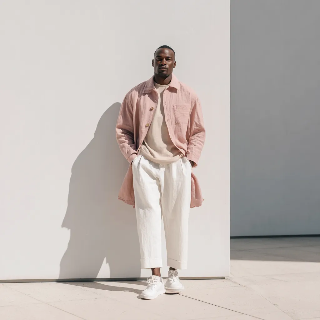 man in dusty pink linen shirt off white wide leg trousers