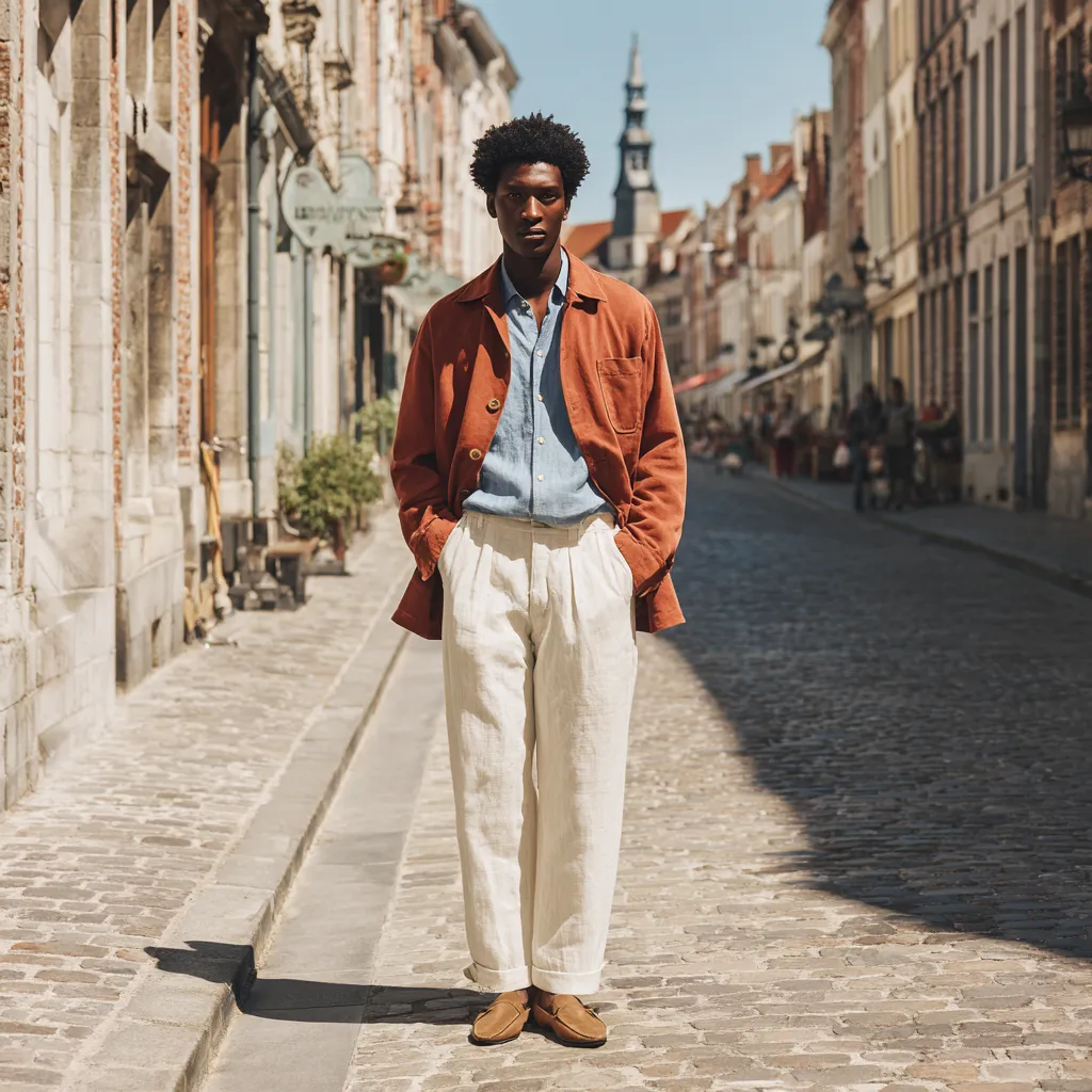 man in rust chore coat cream linen trousers spring look
