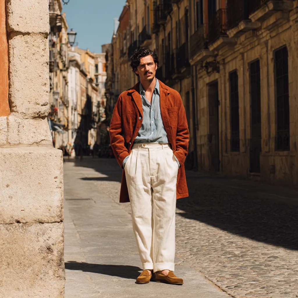 chore coat layered over linen shirt mens spring 2026