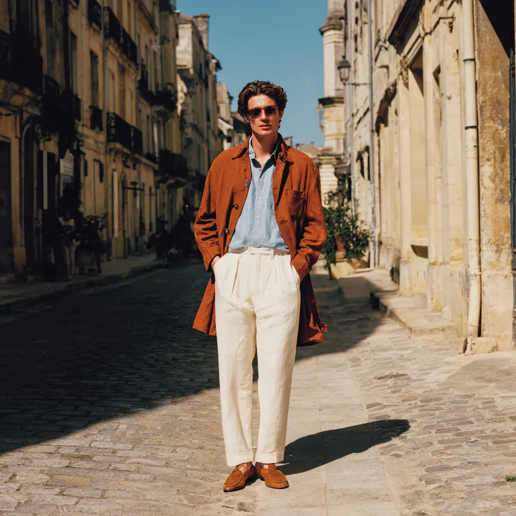 mens earth tone layered outfit cobblestone street spring