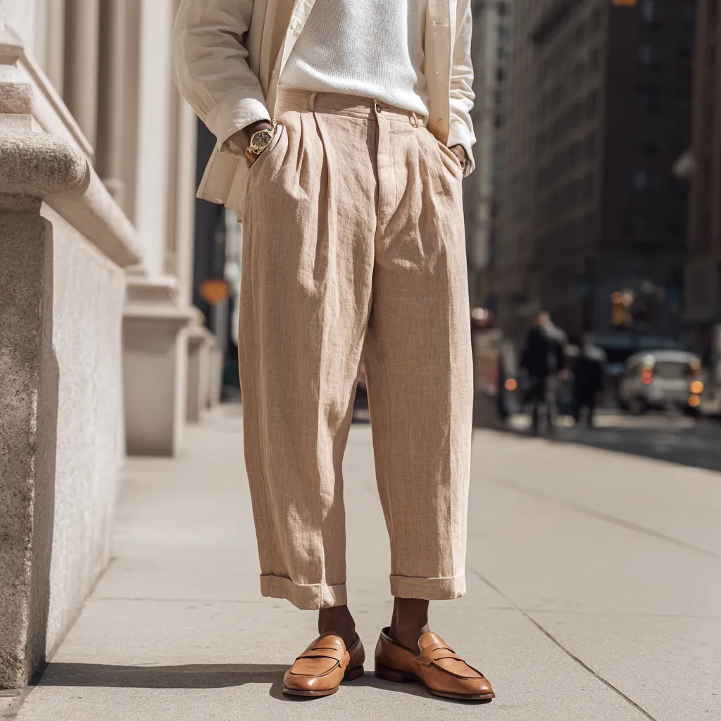 man in wide leg linen trousers boxy ecru shirt spring