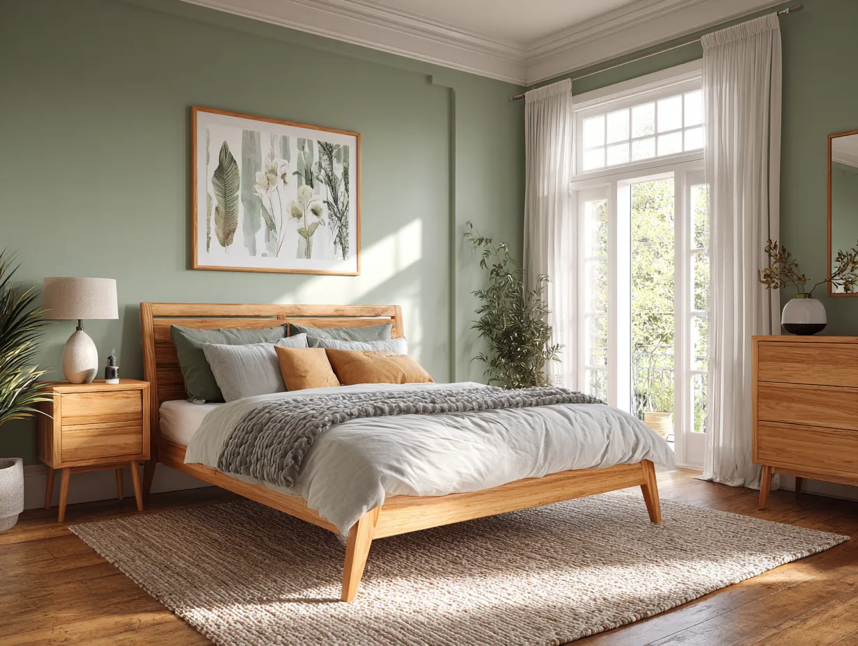 Natural wood kids bed against sage green painted wall
