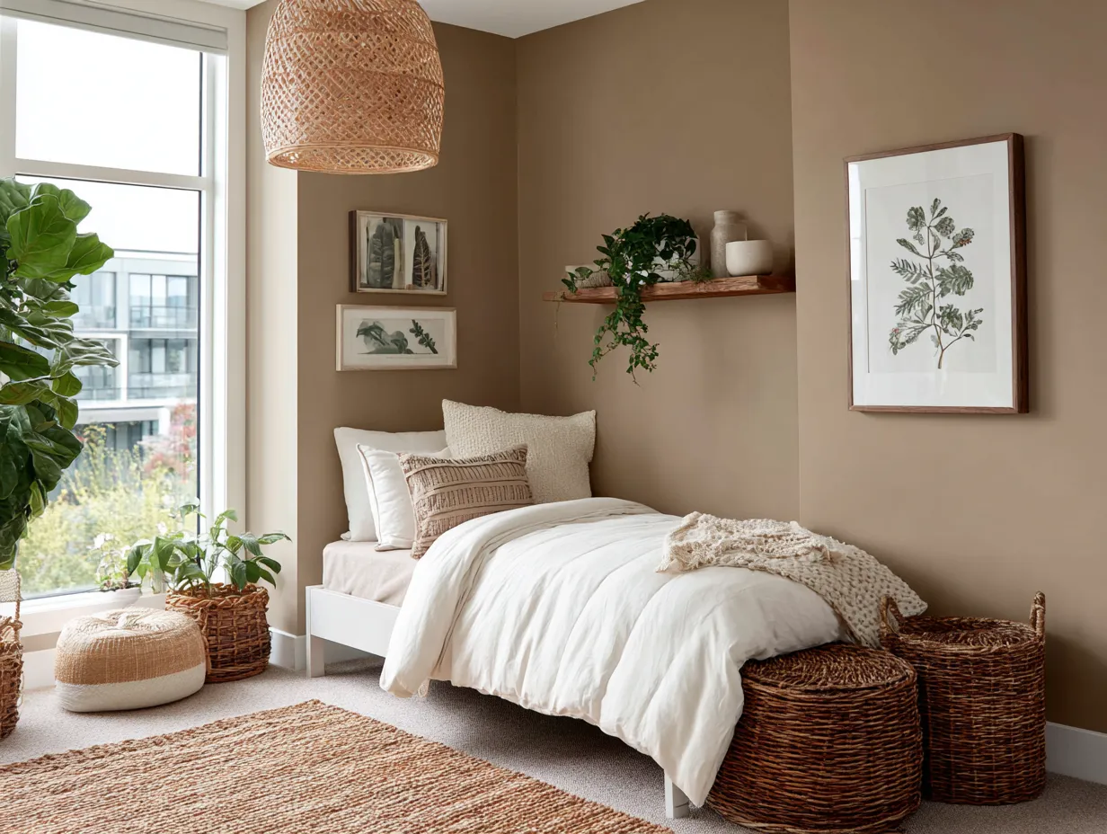 Bamboo and rattan accessories in nature-inspired children's bedroom