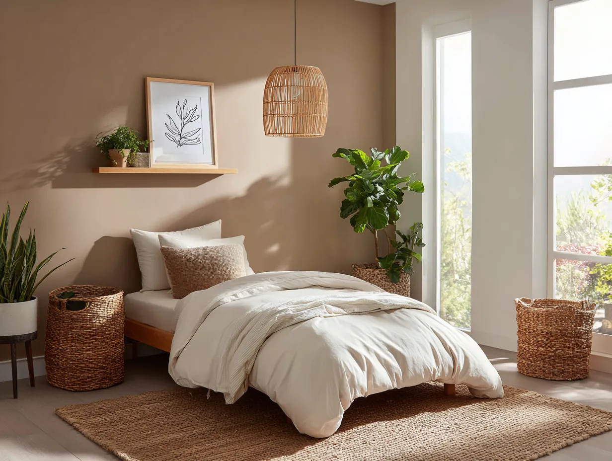 Botanical print wall art above natural wood kids shelf