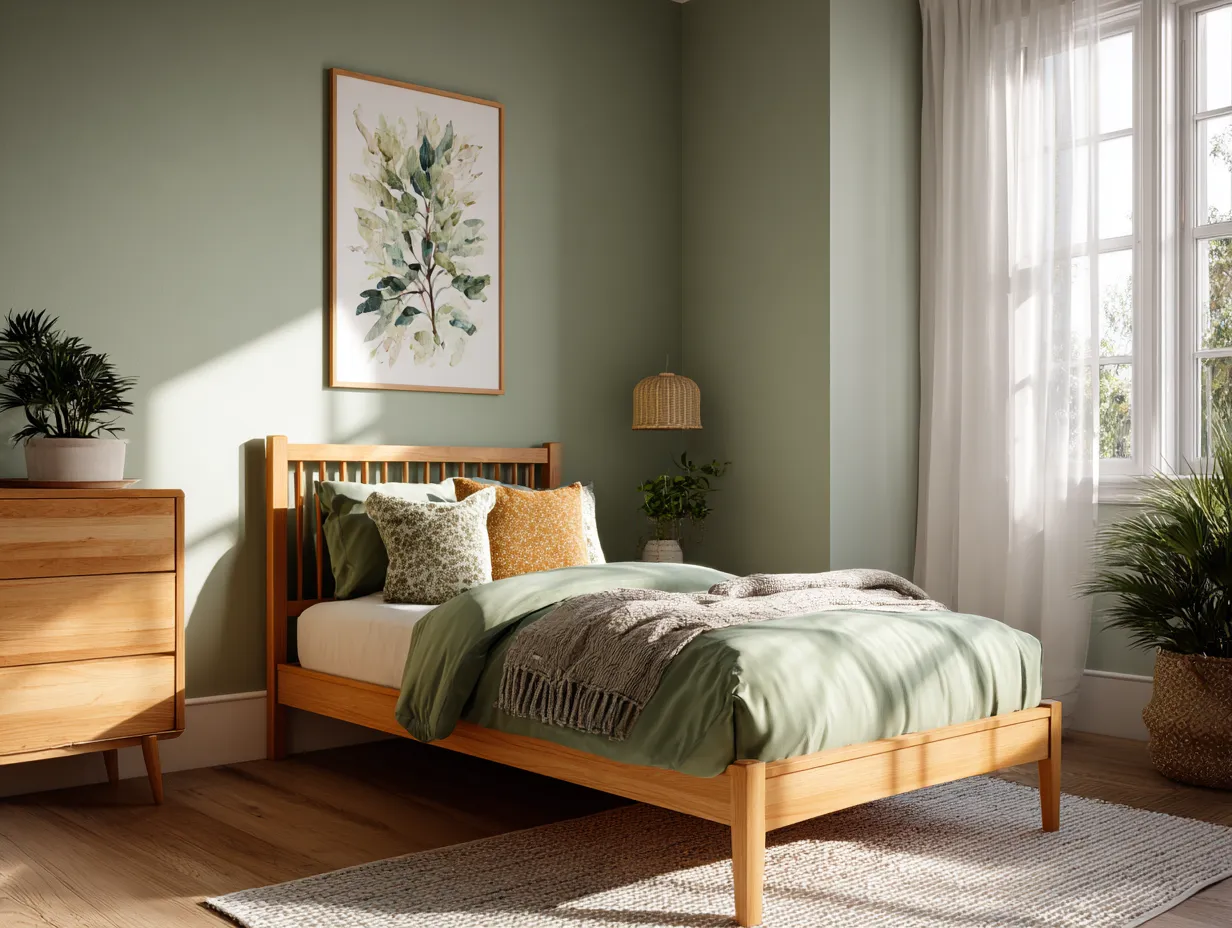 Biophilic children's room with cork floor and wood dresser