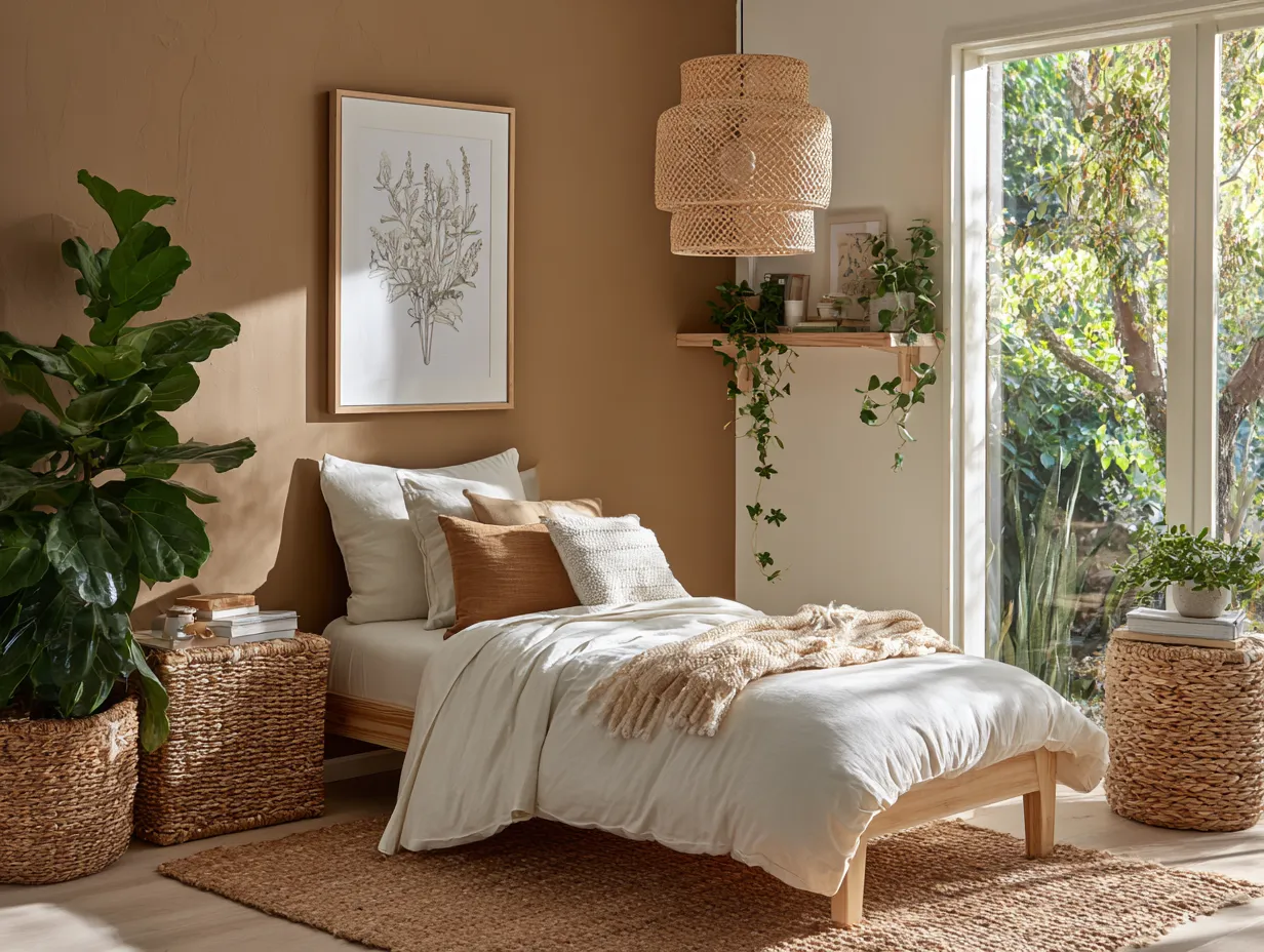 GOTS certified textile kids room in warm taupe tones