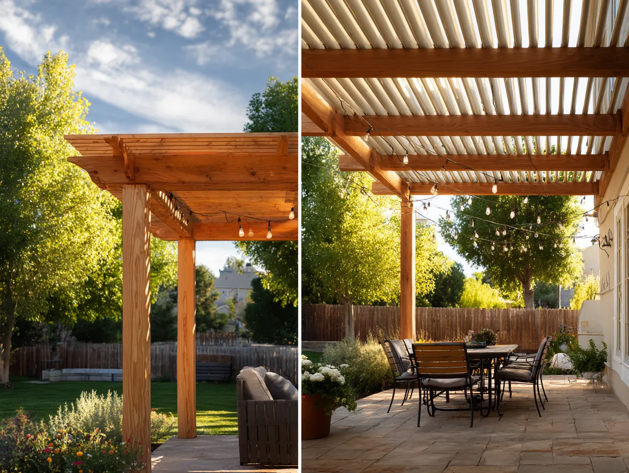 freestanding cedar pergola beside single story home