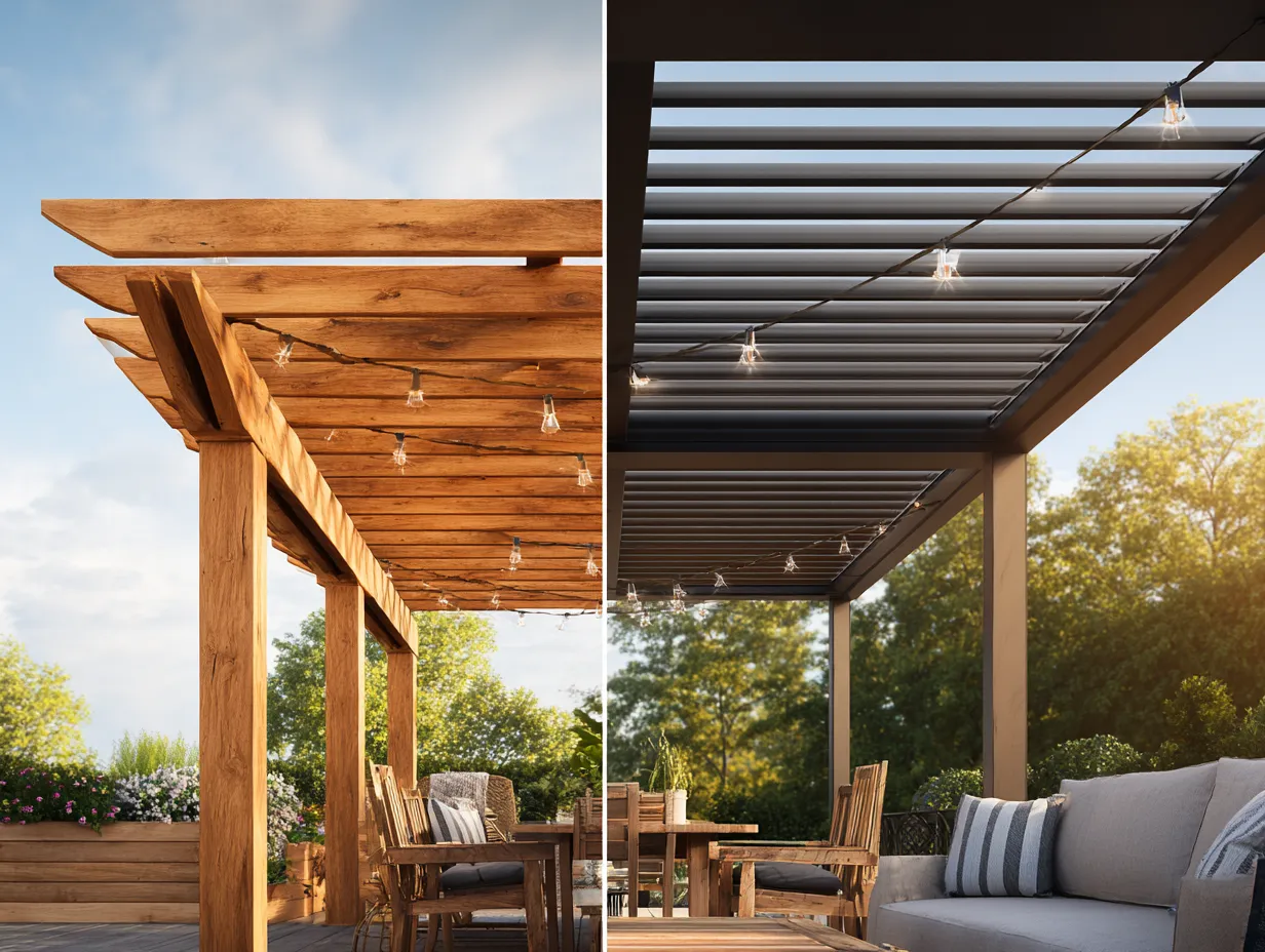 louvered motorized pergola outdoor room rainy day