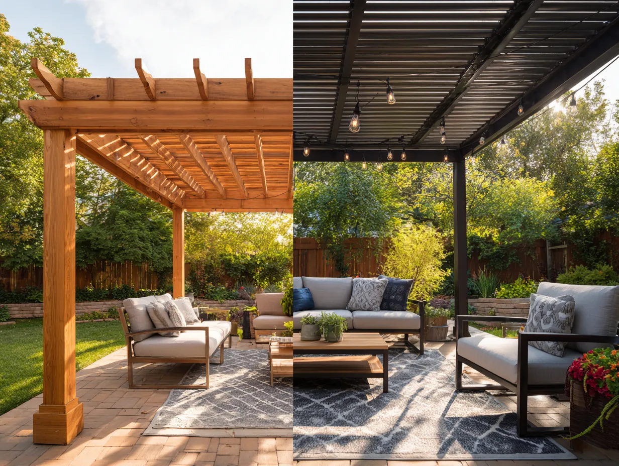 cedar wood pergola with string lights backyard