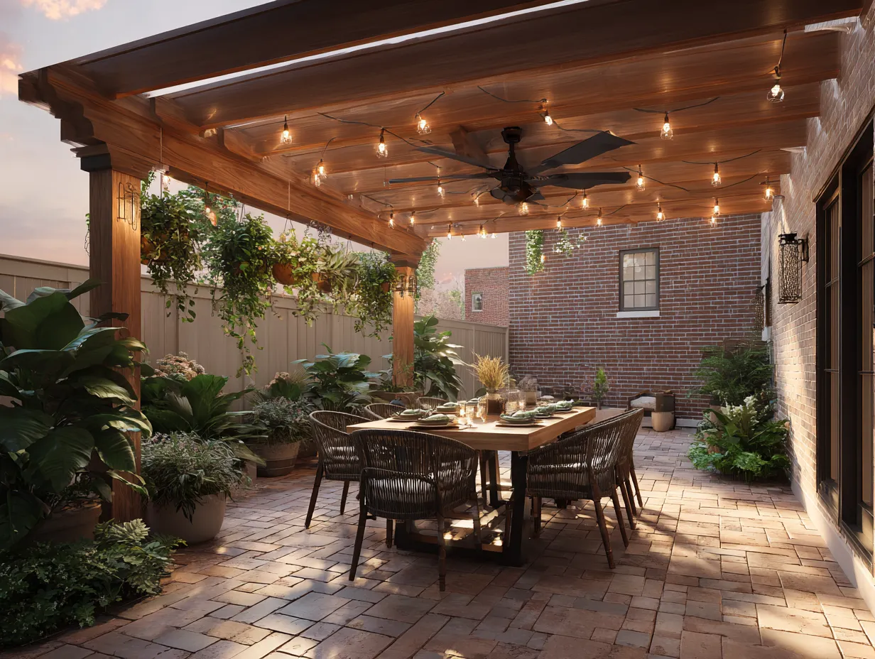 cedar pergola layout over brick paver patio
