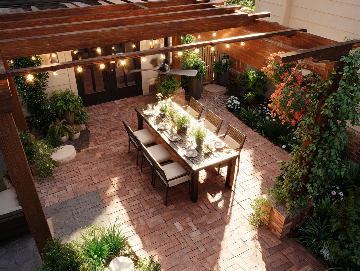 overhead view pergola anchoring outdoor living space