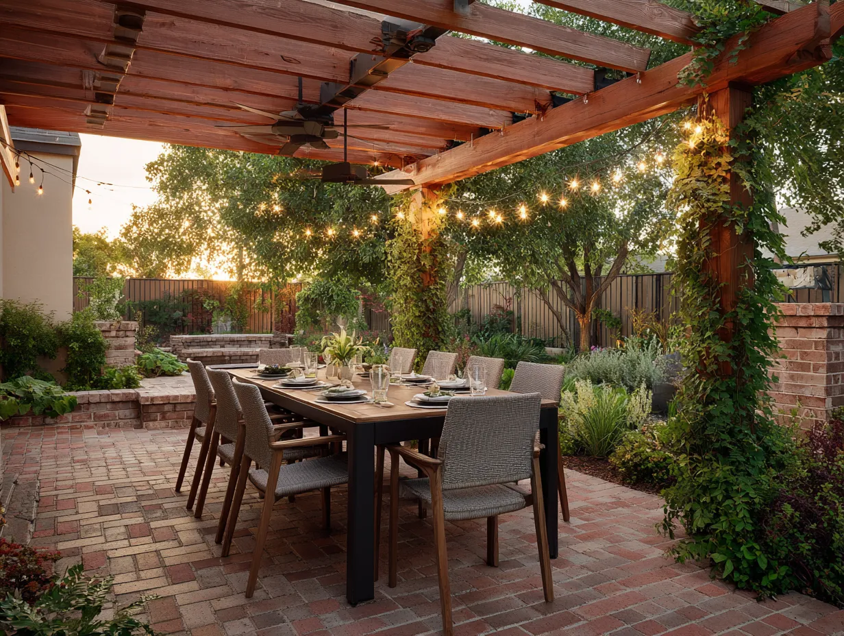 backyard pergola room with ceiling fan evening light