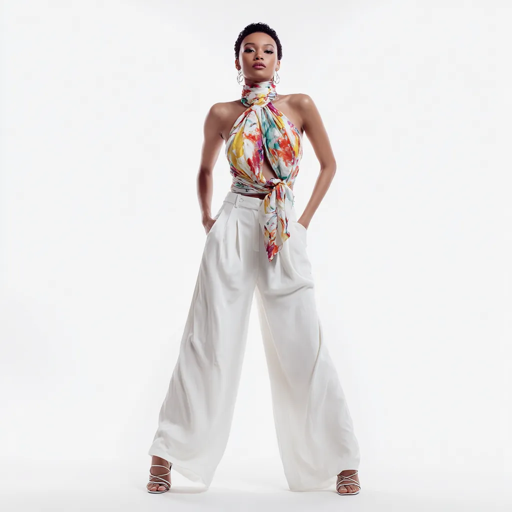 watercolor floral silk scarf top outfit idea