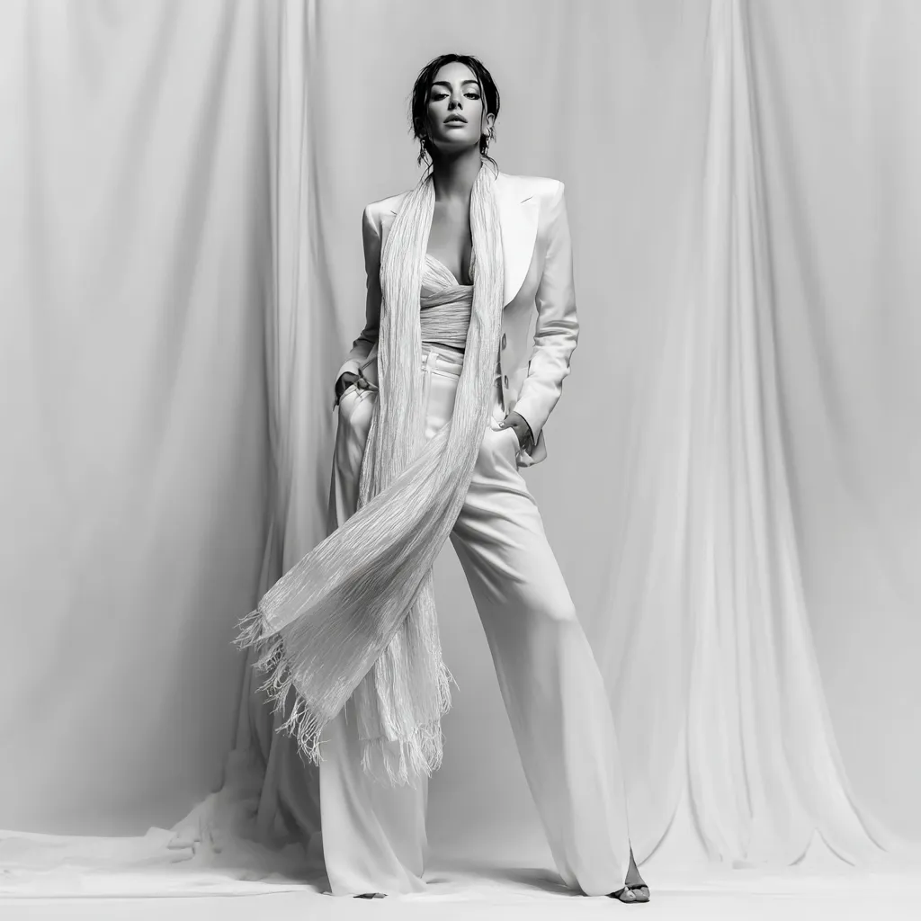 ivory silk scarf tied at waist over blazer