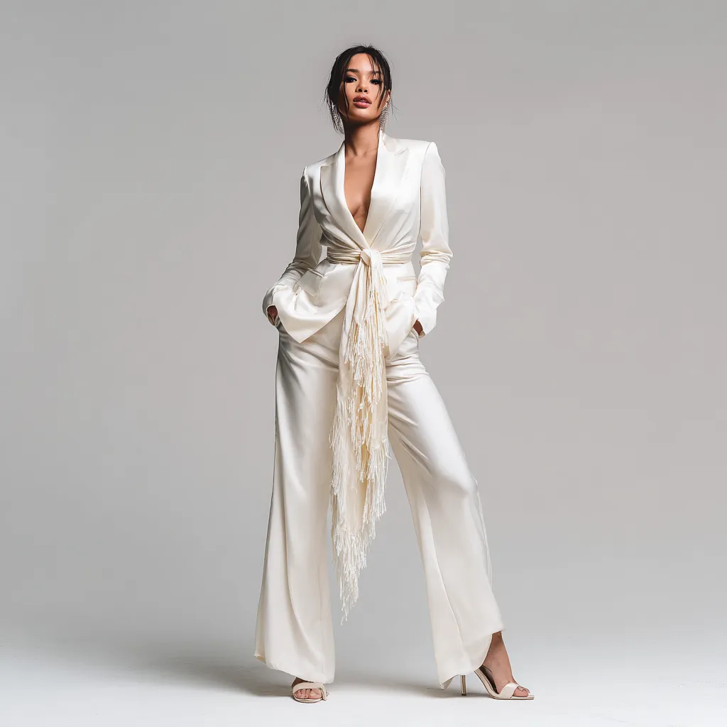 woman styling tuxedo scarf as waist wrap