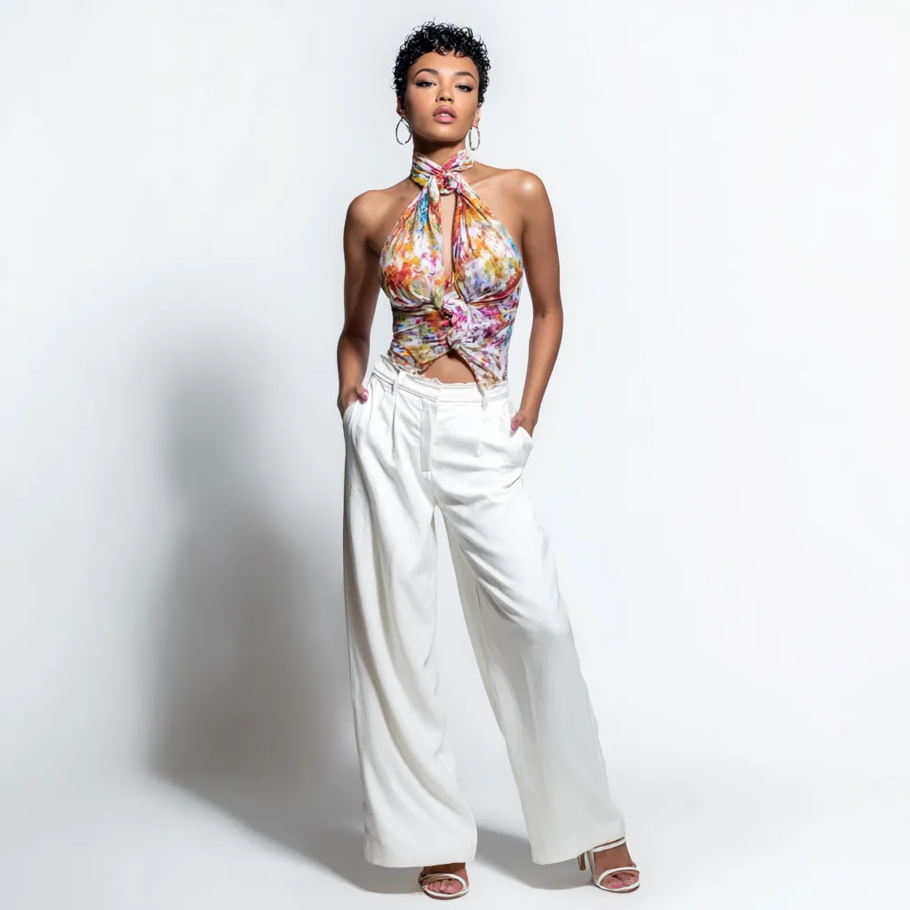 bandana tied as top with wide leg trousers