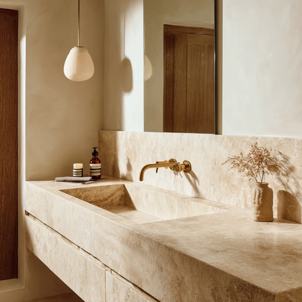 cream travertine stone basin warm bathroom natural tones