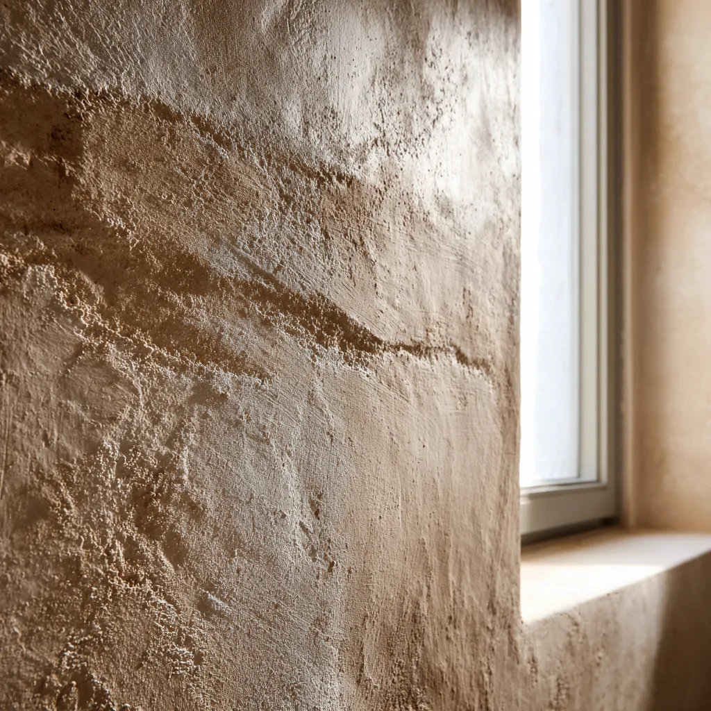 raw plaster limewash surface soft morning light bathroom