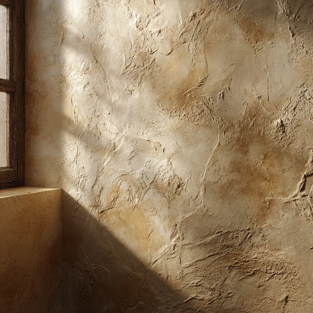 close-up limewash bathroom wall warm beige textured finish