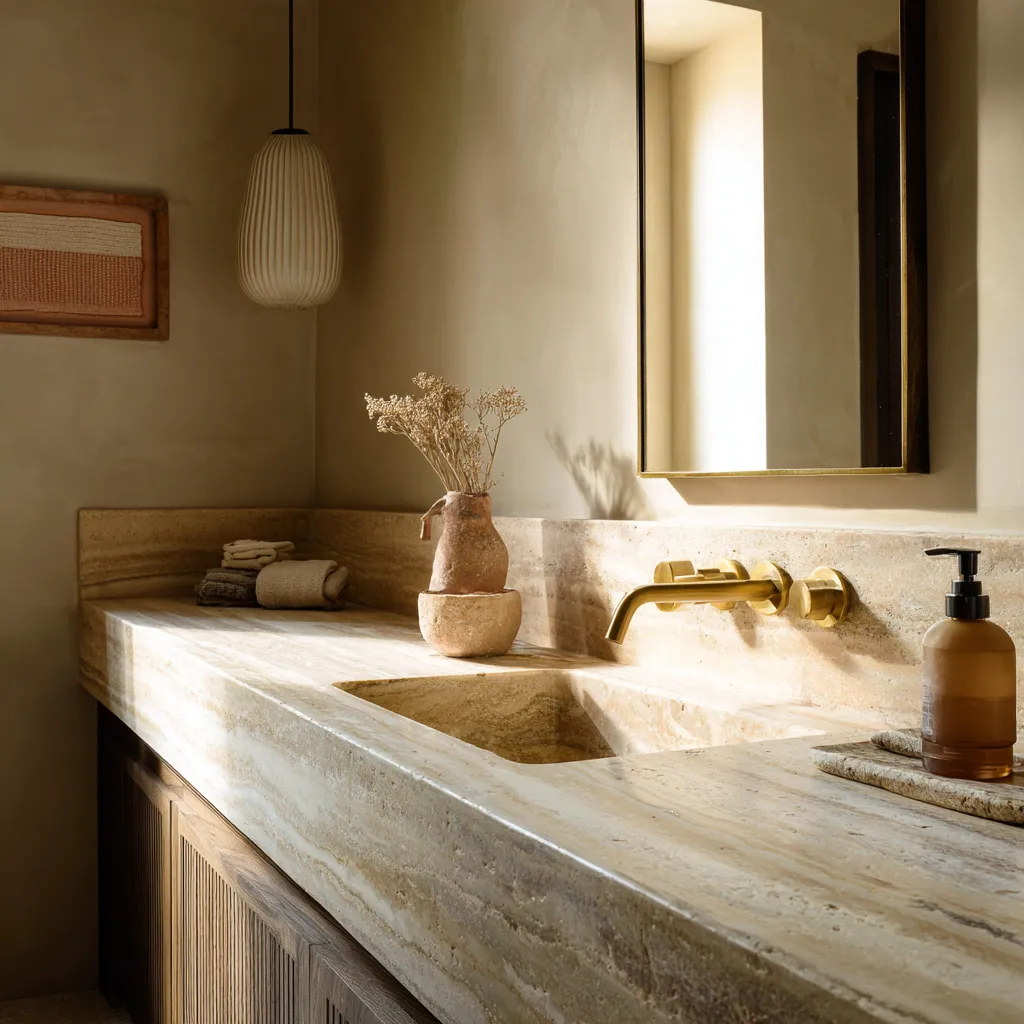 travertine countertop close-up ivory veining bathroom vanity