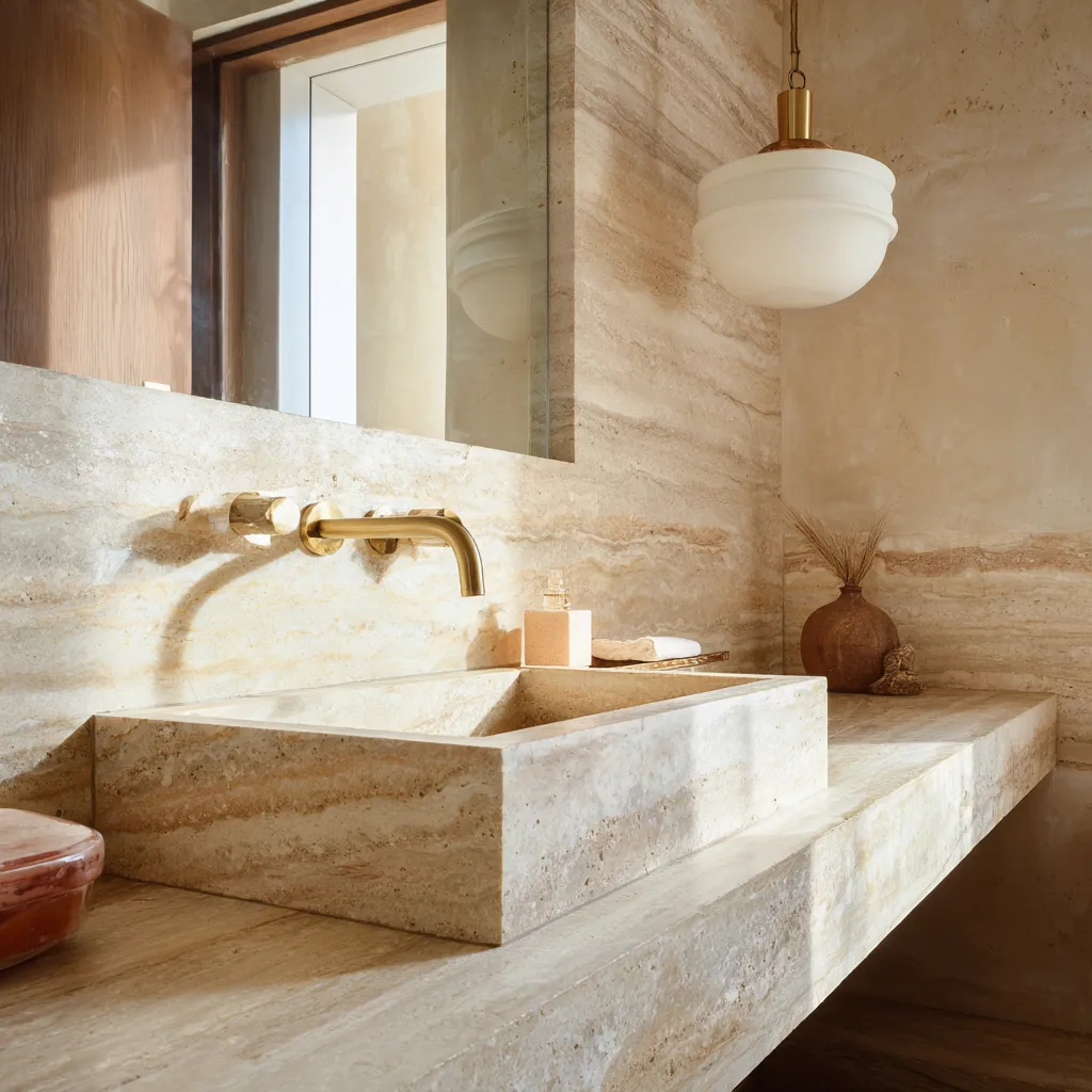 stone sink brass fixtures limewash wall background bathroom