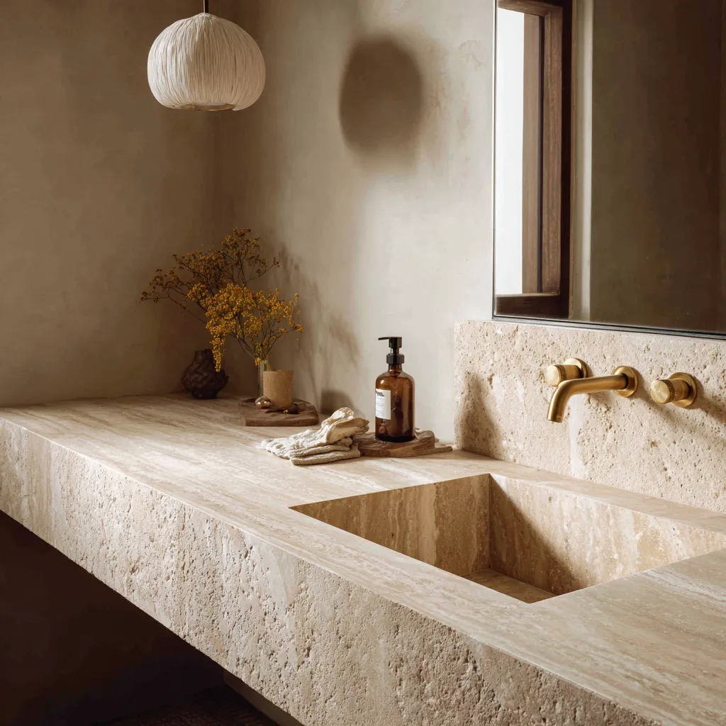 honed travertine vanity top unlacquered brass faucet bathroom