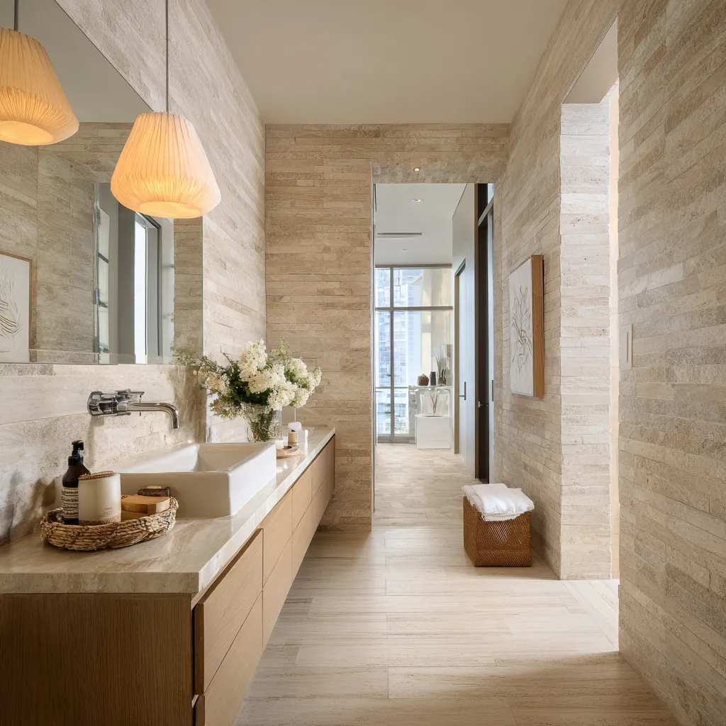 full travertine bathroom interior oak cabinet stone floor