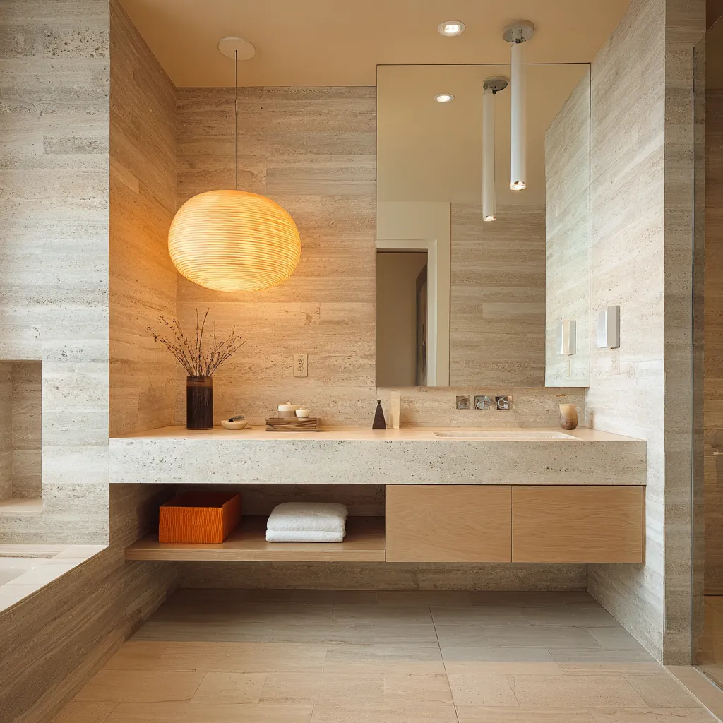 travertine tile spa bathroom warm tones natural wood accent