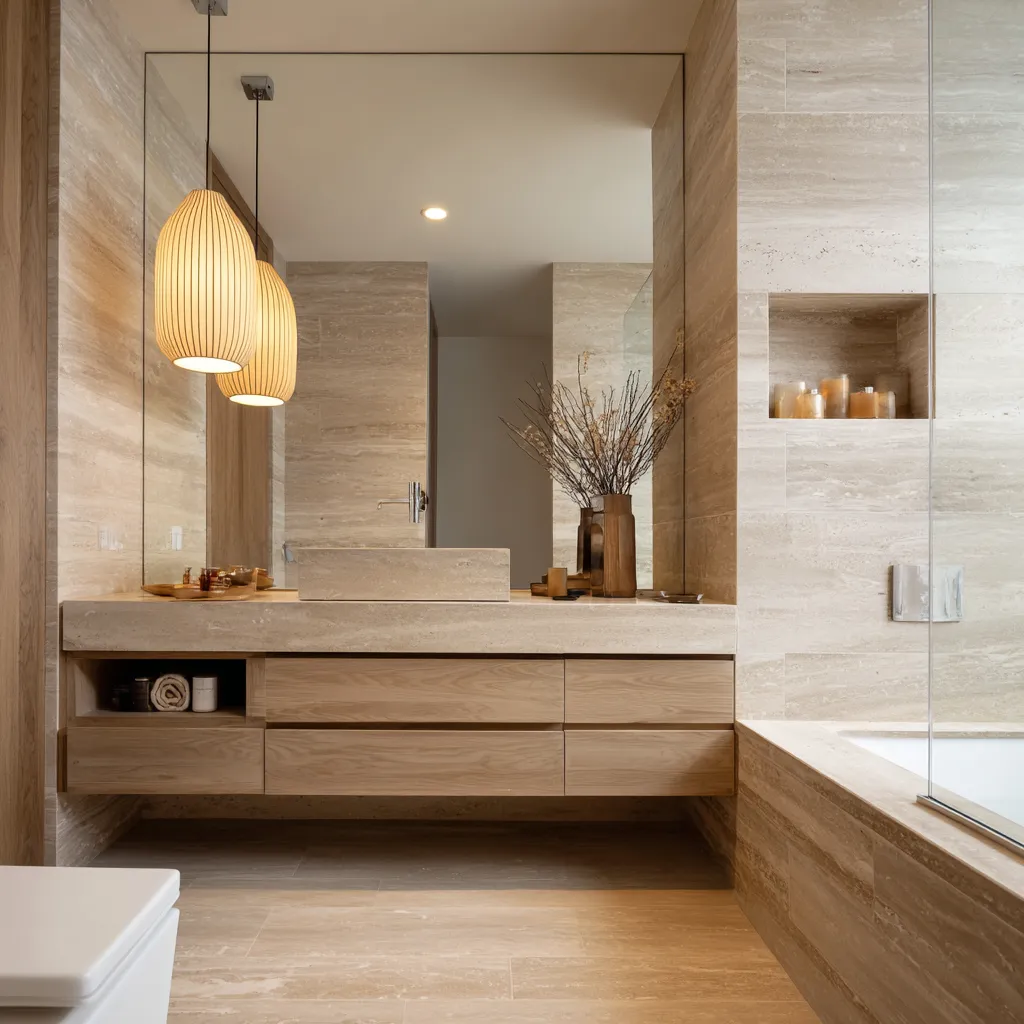 vertical travertine tile wall bathroom warm pendant light