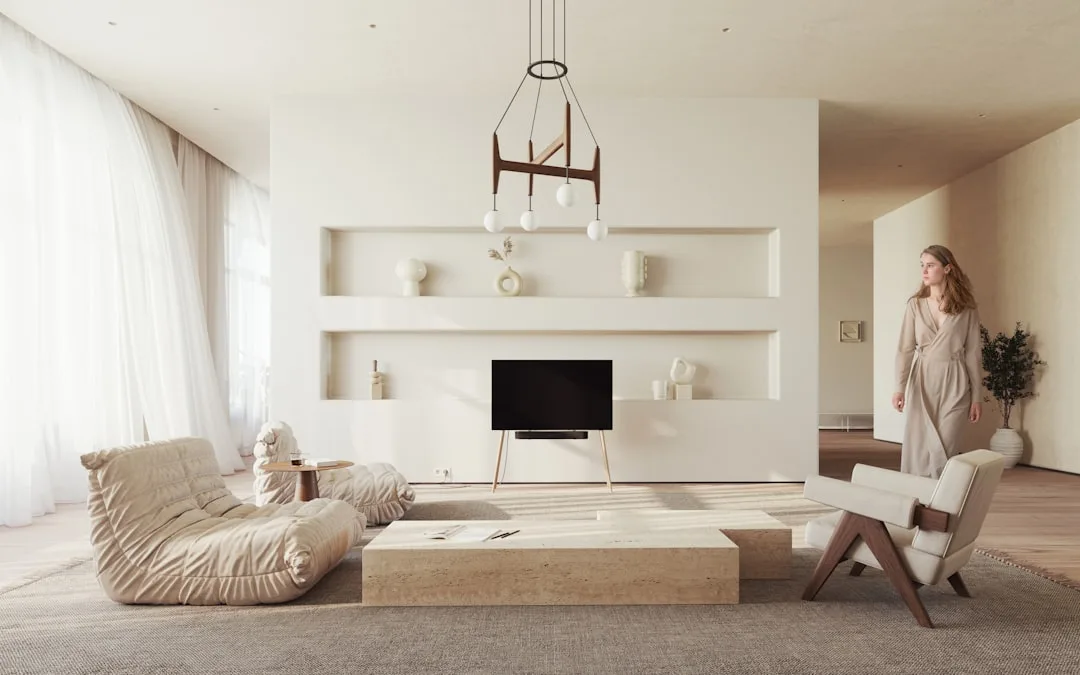 Minimalist living room featuring quiet luxury design principles and natural textures