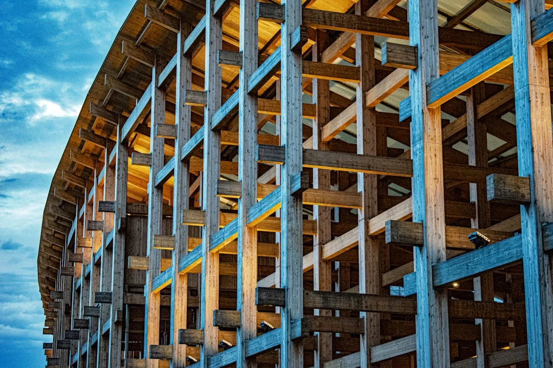 Interior exposed mass timber ceiling beams in contemporary commercial space