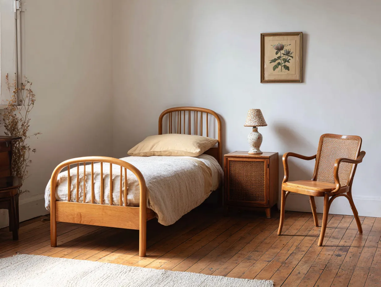 vintage kids room with thrifted wood chair and simple decor