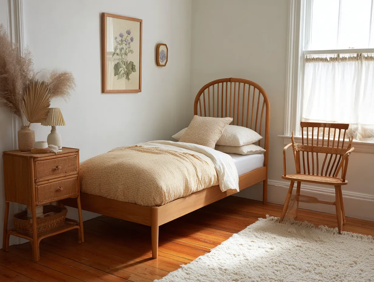 curved wooden headboard vintage kids bed with rattan nightstand