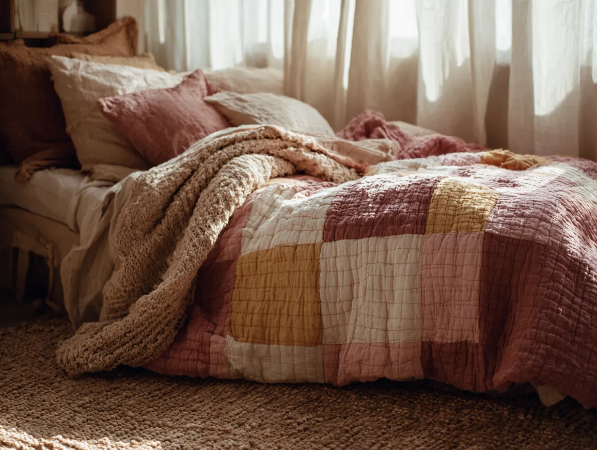 faded floral quilt with linen pillows retro kids bedroom styling