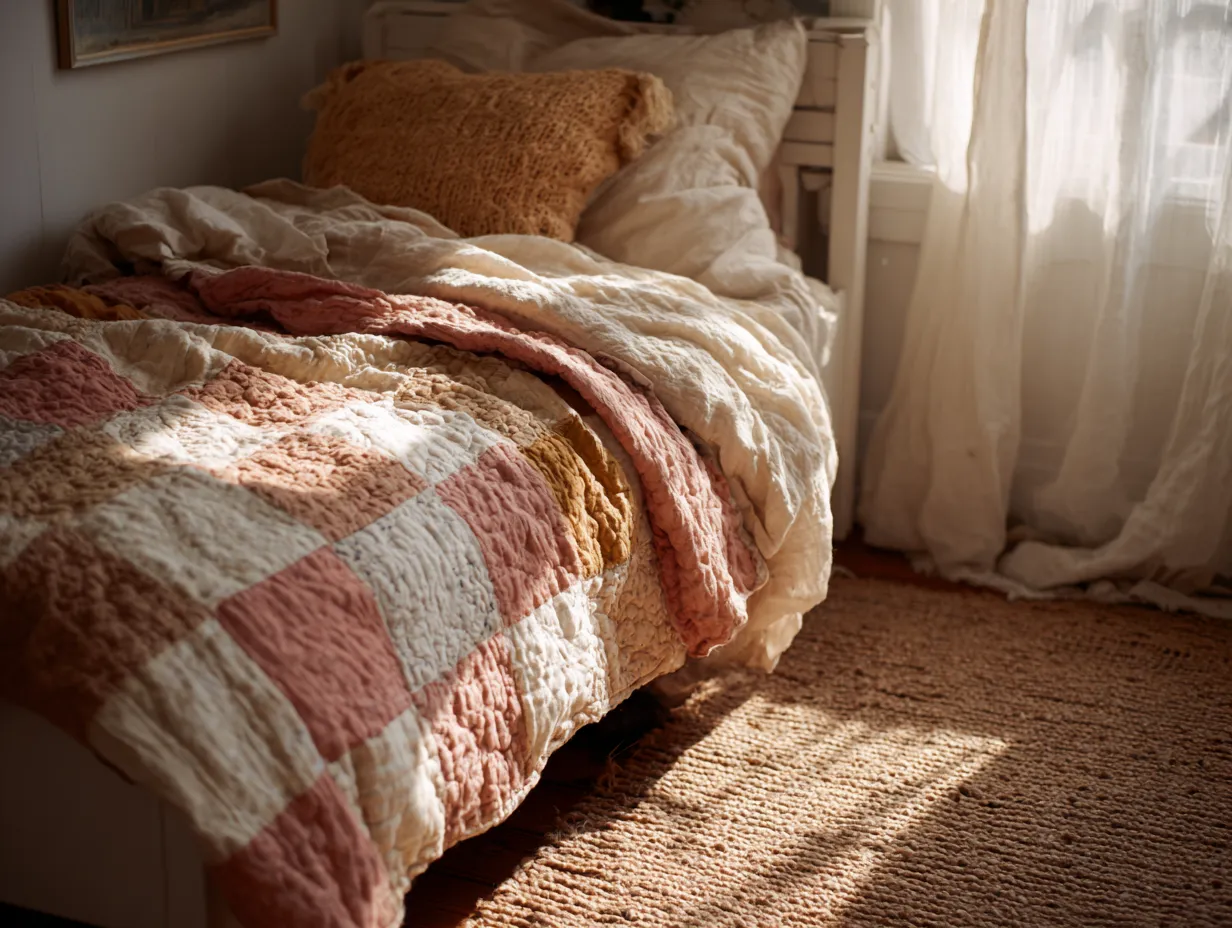 natural fiber bedding and gauze curtains in nostalgic kids room