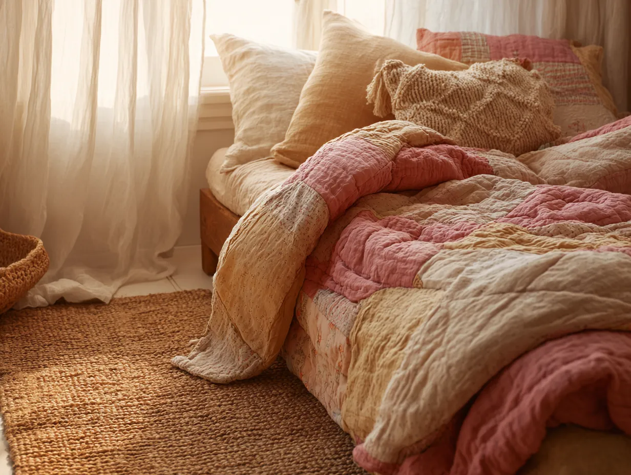 patchwork cotton quilt on vintage kids bed in rose and cream