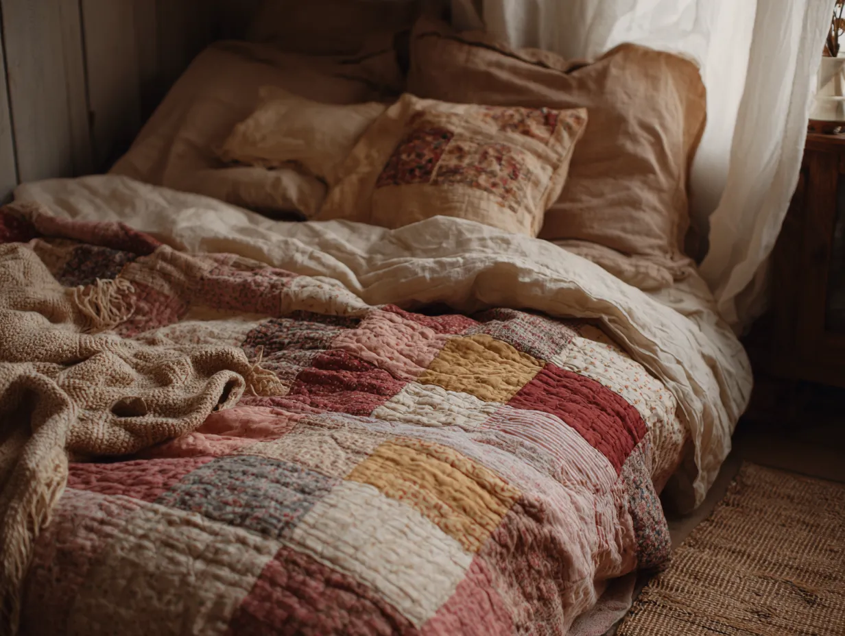 layered vintage textiles in kids bedroom with linen and jute