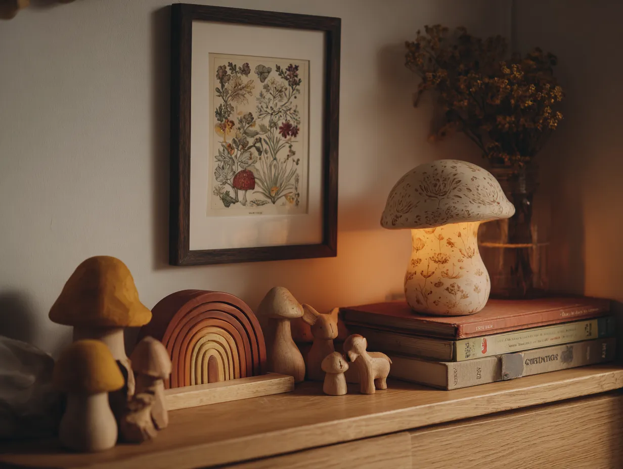 vintage kids room shelf with wooden toys and framed botanical print