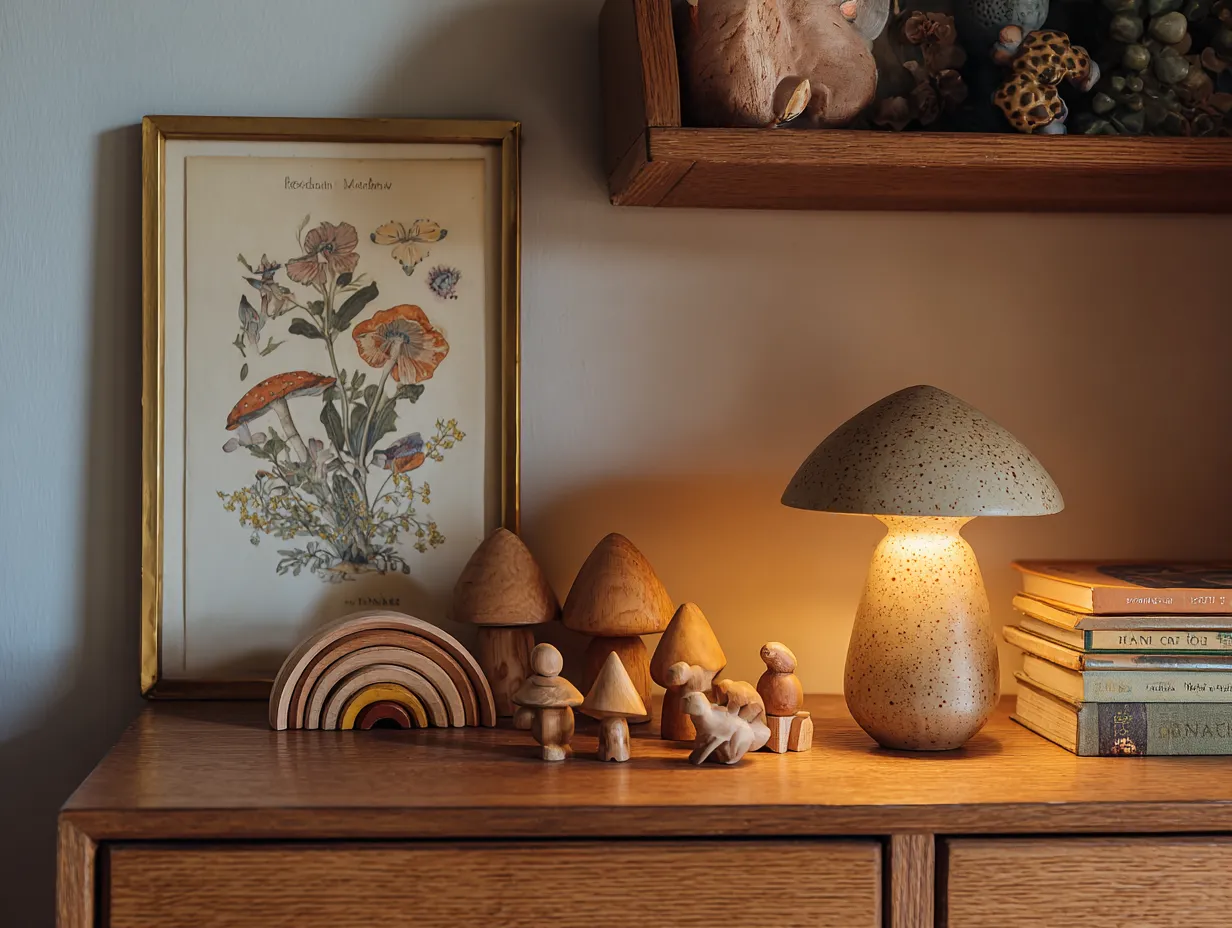ceramic mushroom lamp glowing on vintage kids bedroom dresser
