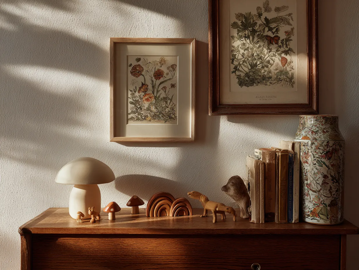 nostalgic kids room corner with retro toys and stacked vintage books