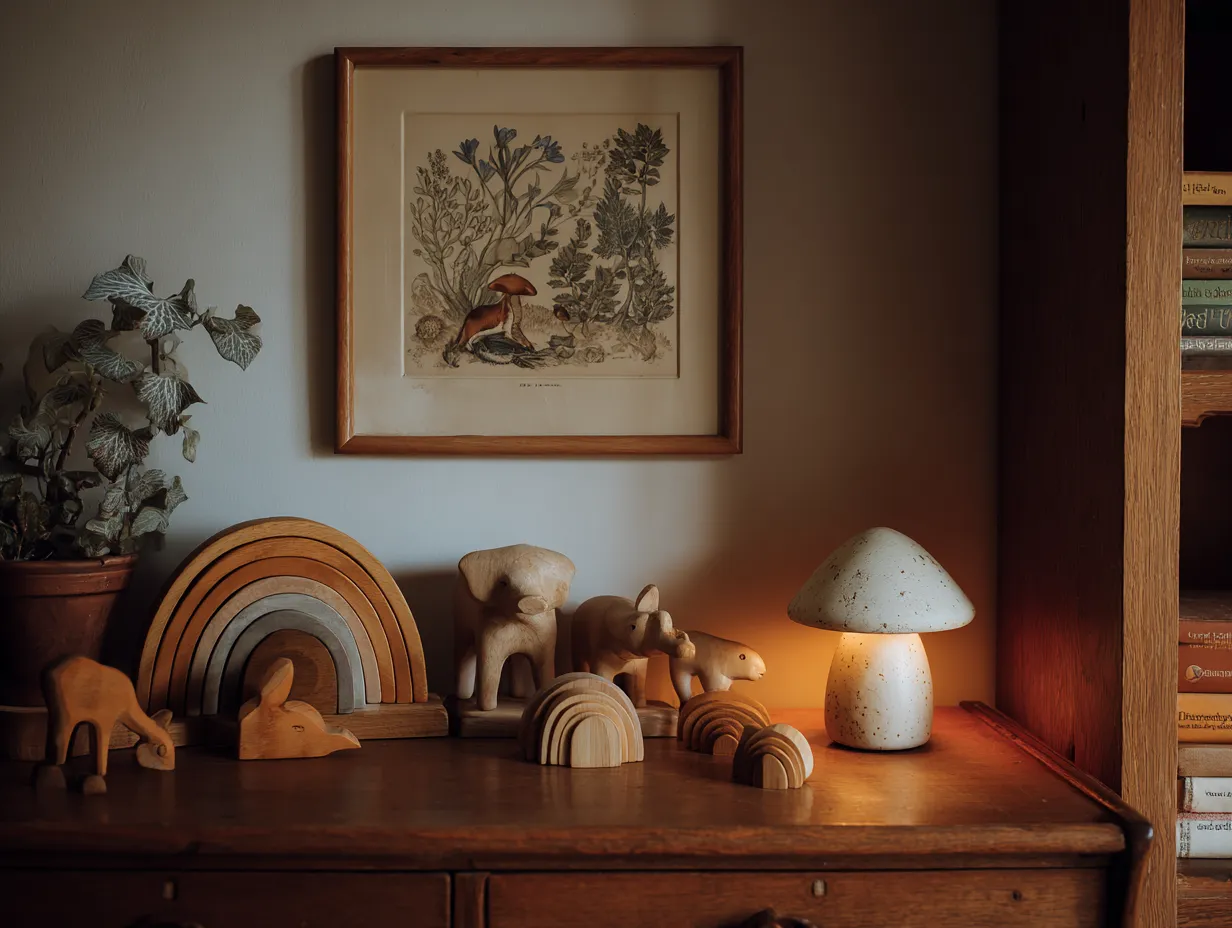 vintage accessories on low wooden shelf in warm kids bedroom light