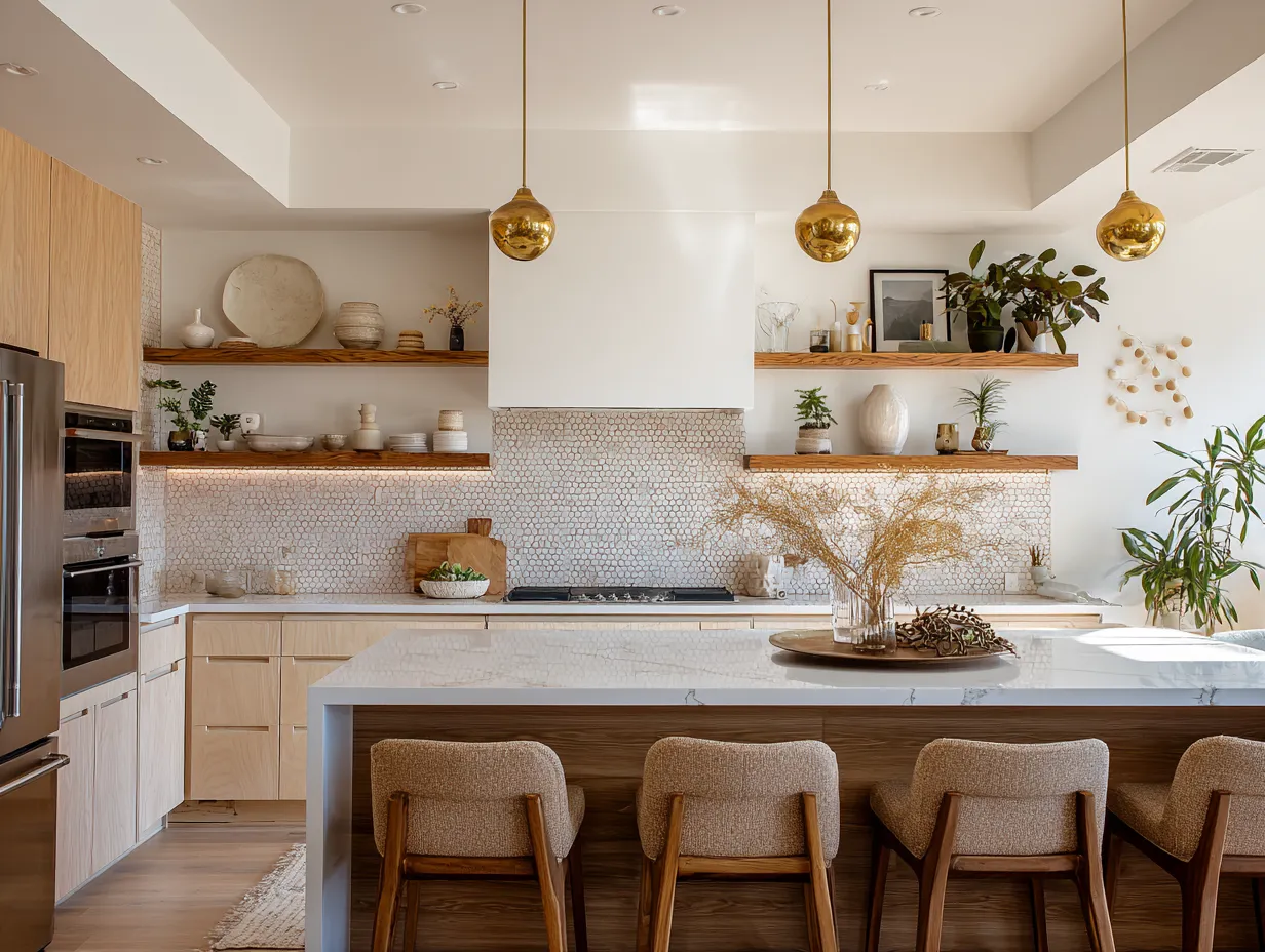 warm wood cabinet kitchen with open shelving and natural light