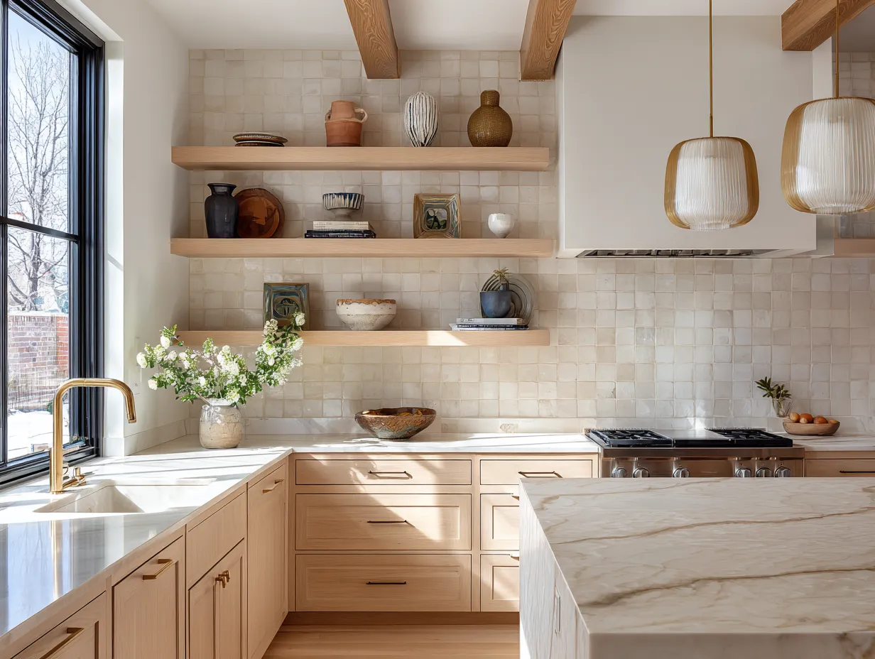 zellige tile backsplash behind wood tone kitchen cabinets