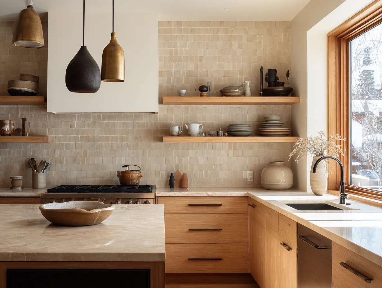 warm wood kitchen with stone countertop and open shelving