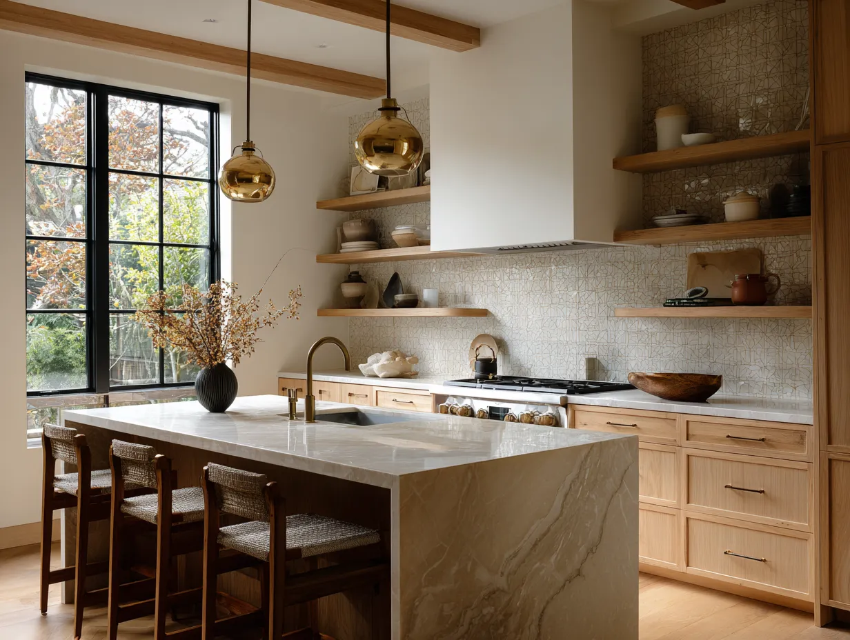 maple cabinet kitchen countertop and backsplash combination close-up